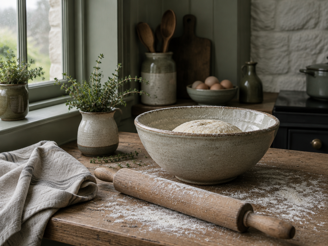 Pastry dough and a rolling pin on a kitchen worktop